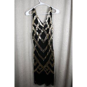 Sequin Flapper Dress with Fringe, Black & Gold Size Small NWT